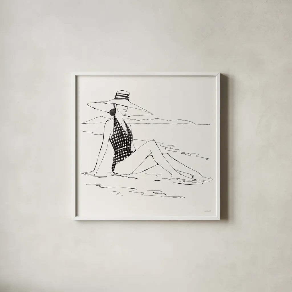 Bathing Beauties I Neutral by Anne Tavoletti. Shown in a crisp white glass frame for a clean and minimalist style. Available as an archival giclee rolled canvas, fine art paper, or poster print. SKU 91825a.