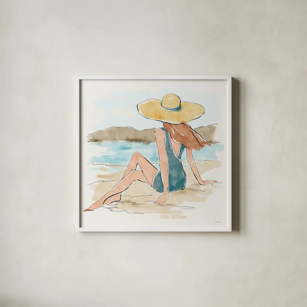 Bathing Beauties II by Anne Tavoletti. Shown in a crisp white glass frame for a clean and minimalist style. Available as an archival giclee rolled canvas, fine art paper, or poster print. SKU 91824a.