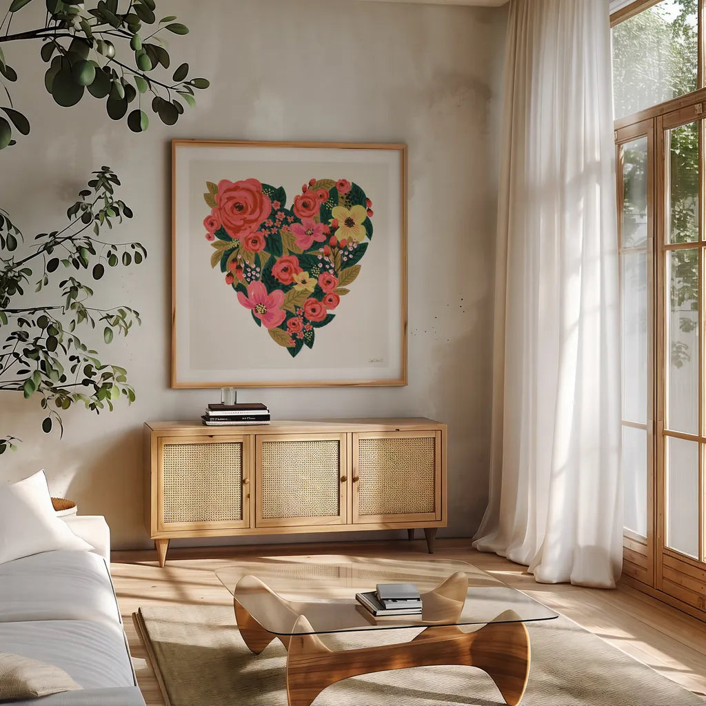Be Mine I by Anne Tavoletti. Shown in a natural wood frame in a cozy modern living room. Available as an archival giclee rolled canvas, fine art paper, or poster print. SKU 61210a.