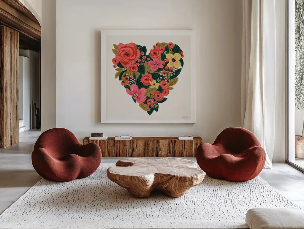 Be Mine I by Anne Tavoletti. Shown as extra-large giant wall art in a modern living room. Available as an archival giclee rolled canvas, fine art paper, or poster print. SKU 61210a.