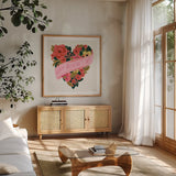 Be Mine II by Anne Tavoletti. Shown in a natural wood frame in a cozy modern living room. Available as an archival giclee rolled canvas, fine art paper, or poster print. SKU 61211a.