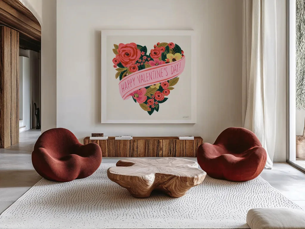 Be Mine II by Anne Tavoletti. Shown as extra-large giant wall art in a modern living room. Available as an archival giclee rolled canvas, fine art paper, or poster print. SKU 61211a.
