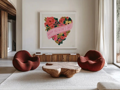Be Mine II by Anne Tavoletti. Shown as extra-large giant wall art in a modern living room. Available as an archival giclee rolled canvas, fine art paper, or poster print. SKU 61211a.