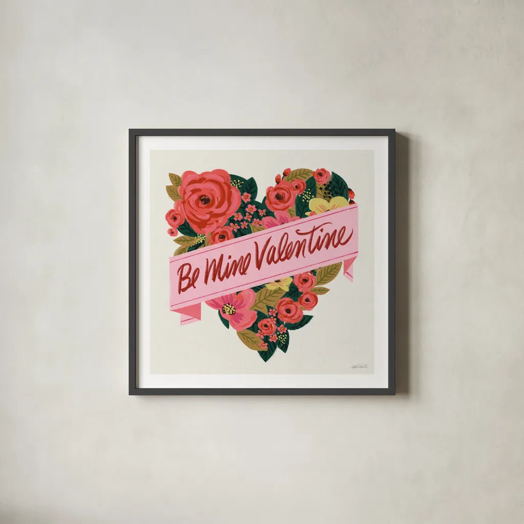 Be Mine III by Anne Tavoletti. Shown in a sleek black glass frame for a contemporary gallery look. Available as an archival giclee rolled canvas, fine art paper, or poster print. SKU 61212a.