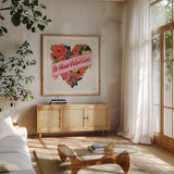 Be Mine III by Anne Tavoletti. Shown in a natural wood frame in a cozy modern living room. Available as an archival giclee rolled canvas, fine art paper, or poster print. SKU 61212a.