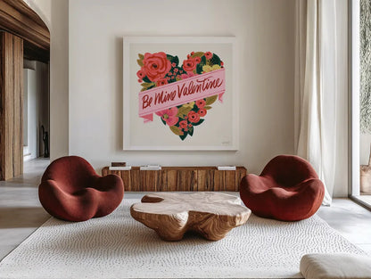 Be Mine III by Anne Tavoletti. Shown as extra-large giant wall art in a modern living room. Available as an archival giclee rolled canvas, fine art paper, or poster print. SKU 61212a.