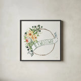 Be a Wildflower Wreath by Anne Tavoletti. Shown in a sleek black glass frame for a contemporary gallery look. Available as an archival giclee rolled canvas, fine art paper, or poster print. SKU 76379a.