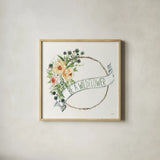 Be a Wildflower Wreath by Anne Tavoletti. Shown in a natural wood glass frame for a timeless modern aesthetic. Available as an archival giclee rolled canvas, fine art paper, or poster print. SKU 76379a.