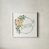 Be a Wildflower Wreath by Anne Tavoletti. Shown in a crisp white glass frame for a clean and minimalist style. Available as an archival giclee rolled canvas, fine art paper, or poster print. SKU 76379a.