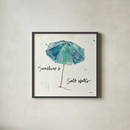 Beach Divas IX Aqua by Anne Tavoletti. Shown in a sleek black glass frame for a contemporary gallery look. Available as an archival giclee rolled canvas, fine art paper, or poster print. SKU 18701a.