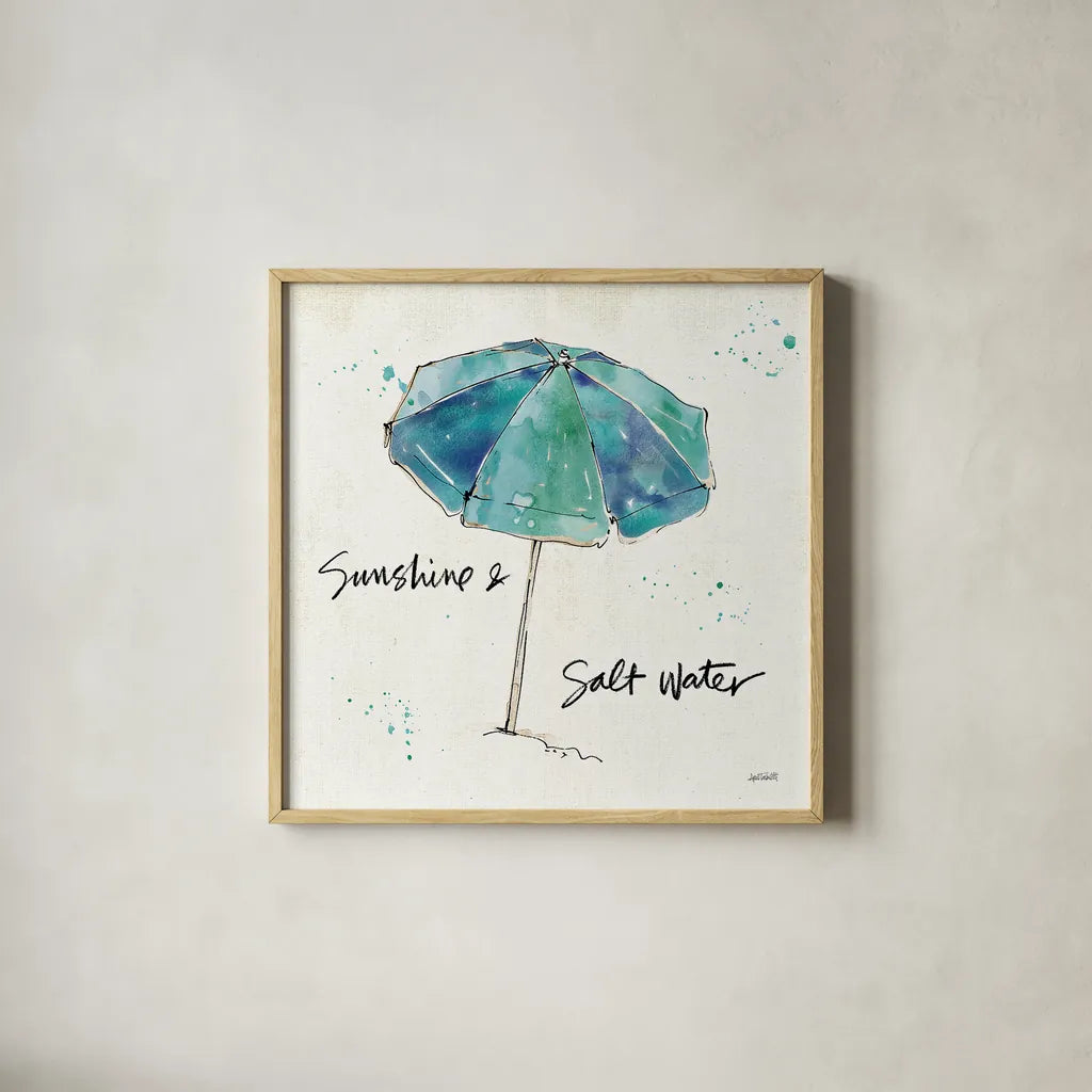 Beach Divas IX Aqua by Anne Tavoletti. Shown in a natural wood glass frame for a timeless modern aesthetic. Available as an archival giclee rolled canvas, fine art paper, or poster print. SKU 18701a.