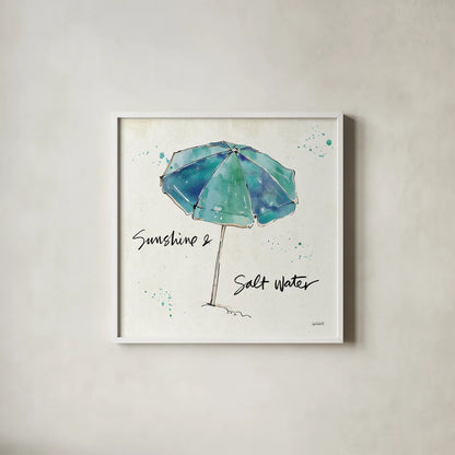 Beach Divas IX Aqua by Anne Tavoletti. Shown in a crisp white glass frame for a clean and minimalist style. Available as an archival giclee rolled canvas, fine art paper, or poster print. SKU 18701a.