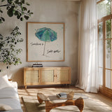 Beach Divas IX Aqua by Anne Tavoletti. Shown in a natural wood frame in a cozy modern living room. Available as an archival giclee rolled canvas, fine art paper, or poster print. SKU 18701a.