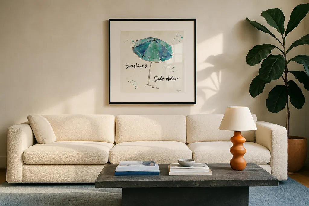 Beach Divas IX Aqua by Anne Tavoletti. Displayed in a glass frame with matte in a clean modern living room. Available as an archival giclee rolled canvas, fine art paper, or poster print. SKU 18701a.