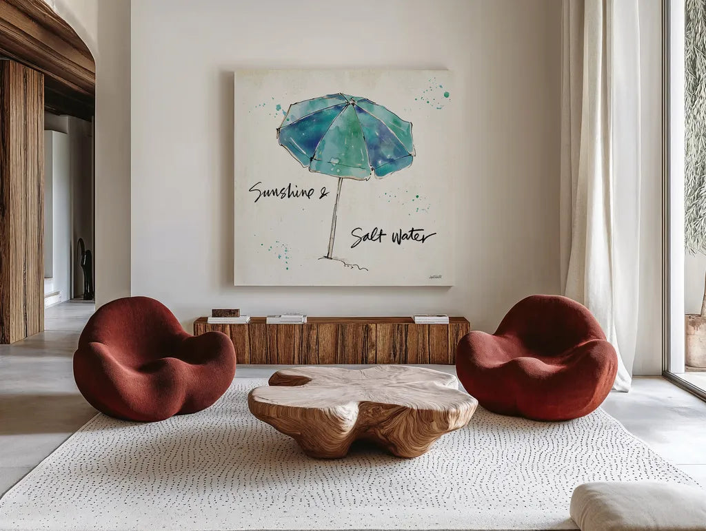 Beach Divas IX Aqua by Anne Tavoletti. Shown as extra-large giant wall art in a modern living room. Available as an archival giclee rolled canvas, fine art paper, or poster print. SKU 18701a.