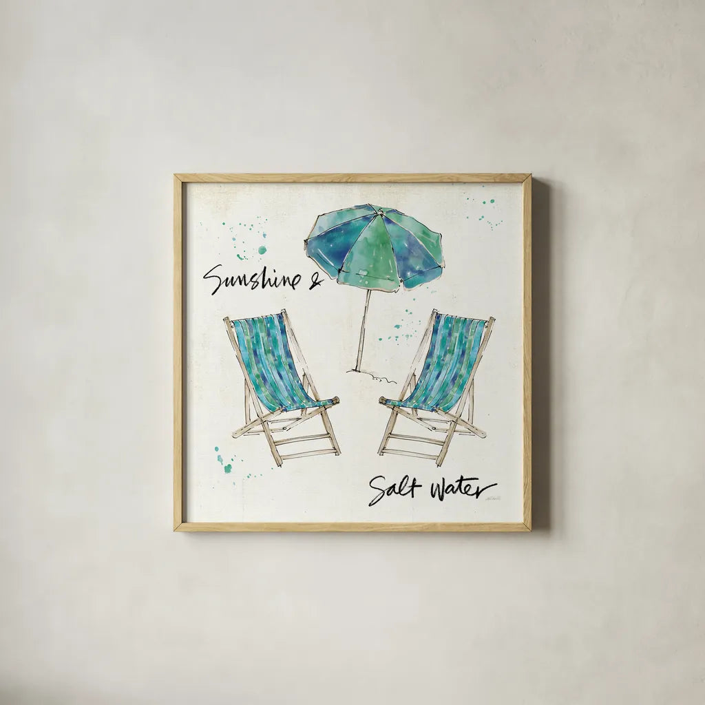 Beach Divas Life by Anne Tavoletti. Shown in a natural wood glass frame for a timeless modern aesthetic. Available as an archival giclee rolled canvas, fine art paper, or poster print. SKU 47956a.