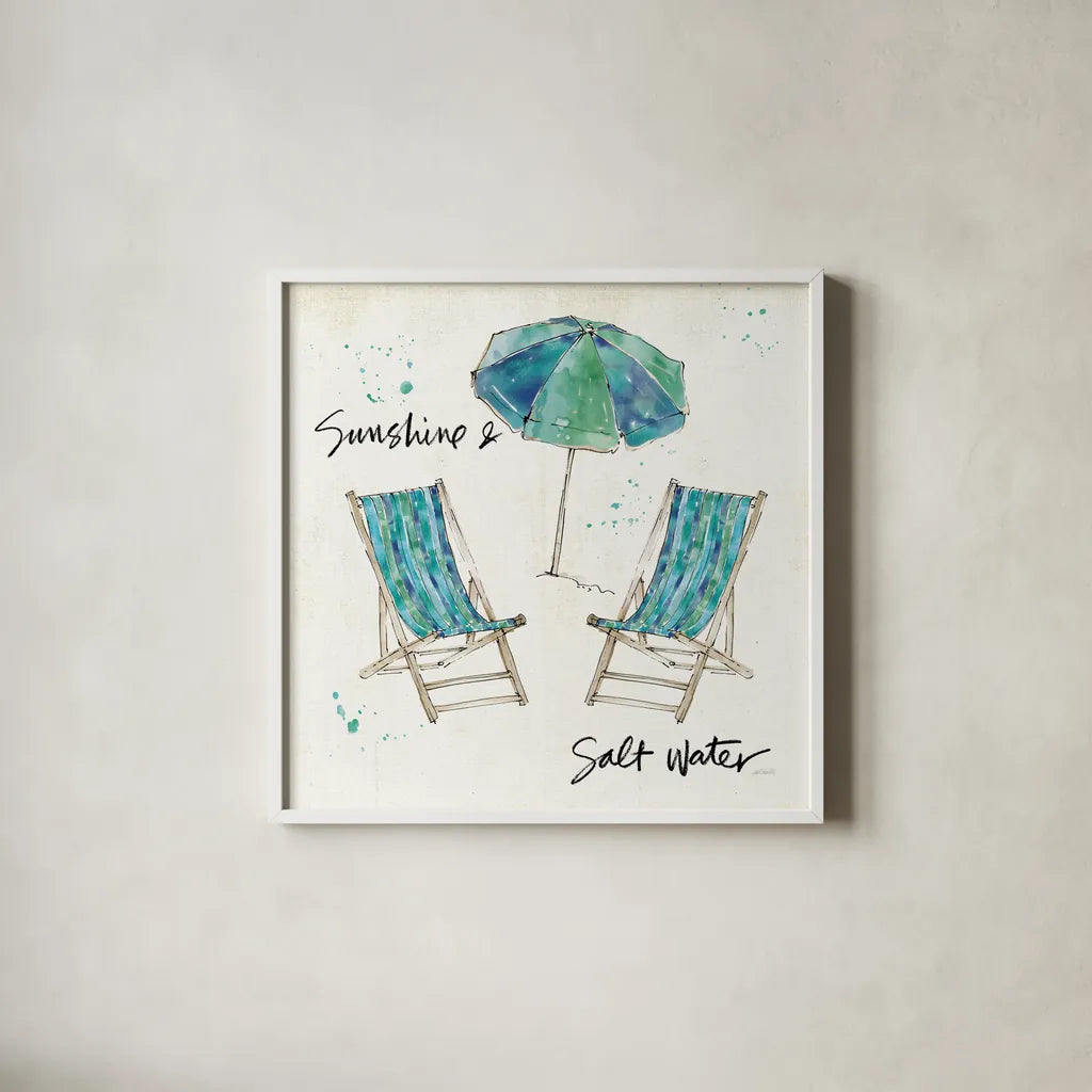 Beach Divas Life by Anne Tavoletti. Shown in a crisp white glass frame for a clean and minimalist style. Available as an archival giclee rolled canvas, fine art paper, or poster print. SKU 47956a.