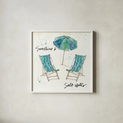 Beach Divas Life by Anne Tavoletti. Shown in a crisp white glass frame for a clean and minimalist style. Available as an archival giclee rolled canvas, fine art paper, or poster print. SKU 47956a.