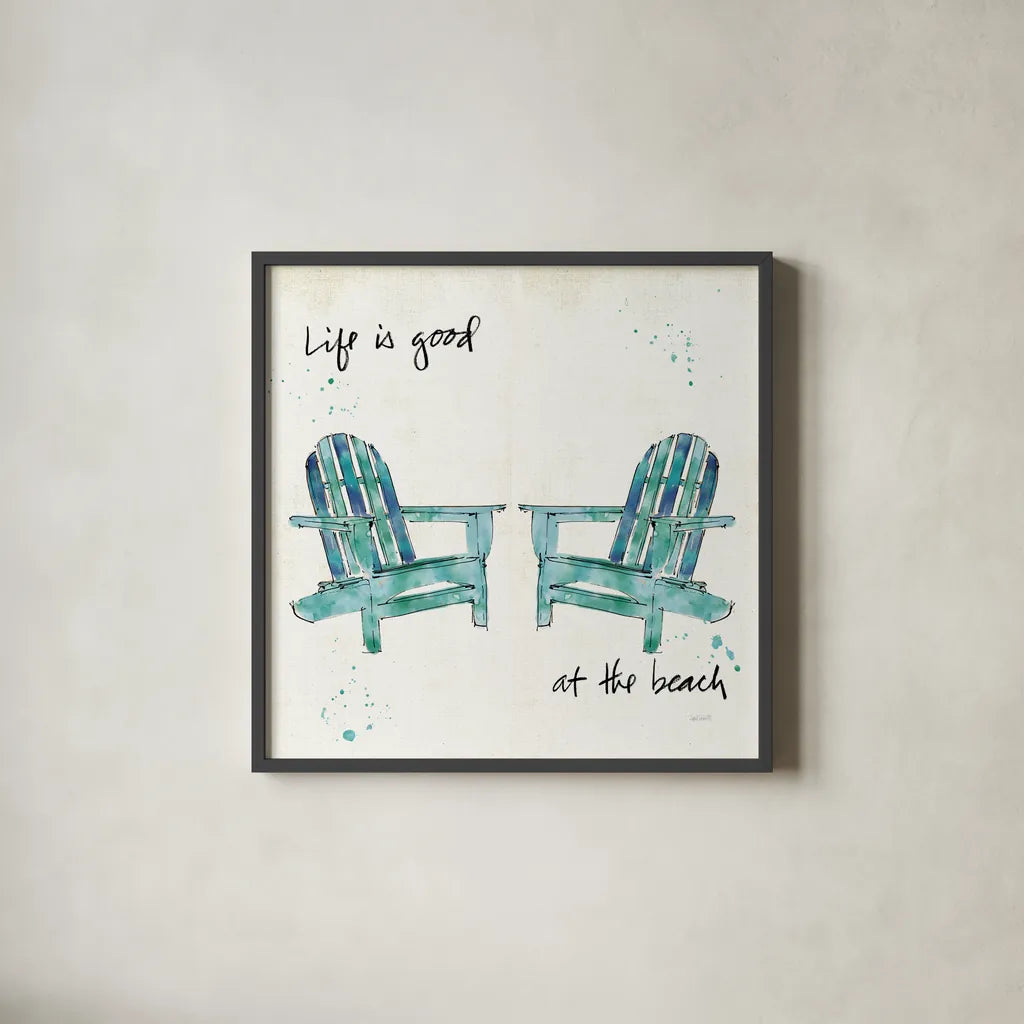 Beach Divas Salt Water by Anne Tavoletti. Shown in a sleek black glass frame for a contemporary gallery look. Available as an archival giclee rolled canvas, fine art paper, or poster print. SKU 47957a.