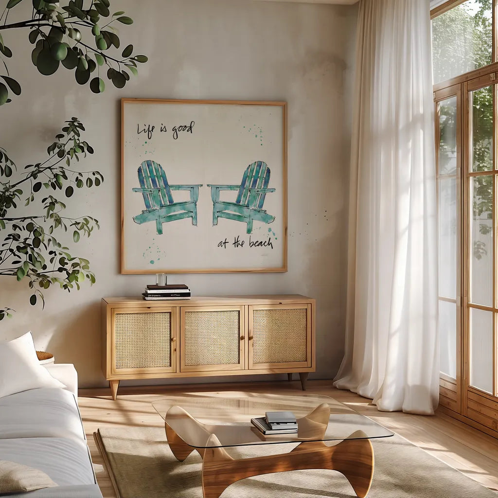 Beach Divas Salt Water by Anne Tavoletti. Shown in a natural wood frame in a cozy modern living room. Available as an archival giclee rolled canvas, fine art paper, or poster print. SKU 47957a.