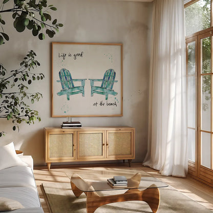 Beach Divas Salt Water by Anne Tavoletti. Shown in a natural wood frame in a cozy modern living room. Available as an archival giclee rolled canvas, fine art paper, or poster print. SKU 47957a.