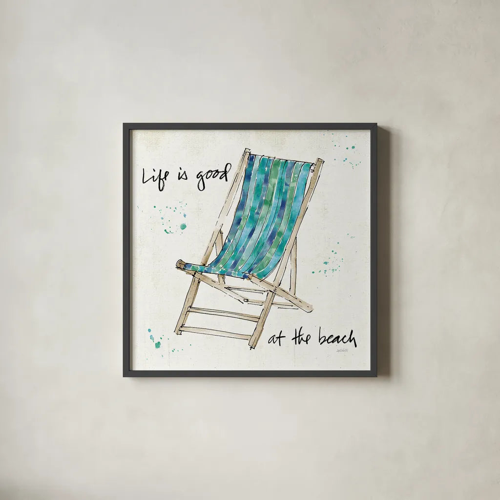 Beach Divas VII by Anne Tavoletti. Shown in a sleek black glass frame for a contemporary gallery look. Available as an archival giclee rolled canvas, fine art paper, or poster print. SKU 16358a.