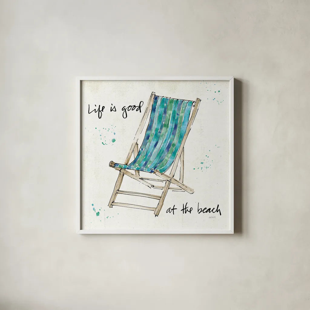 Beach Divas VII by Anne Tavoletti. Shown in a crisp white glass frame for a clean and minimalist style. Available as an archival giclee rolled canvas, fine art paper, or poster print. SKU 16358a.