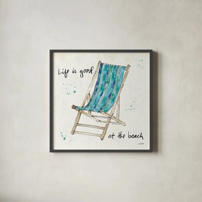 Beach Divas VII Aqua by Anne Tavoletti. Shown in a sleek black glass frame for a contemporary gallery look. Available as an archival giclee rolled canvas, fine art paper, or poster print. SKU 18699a.