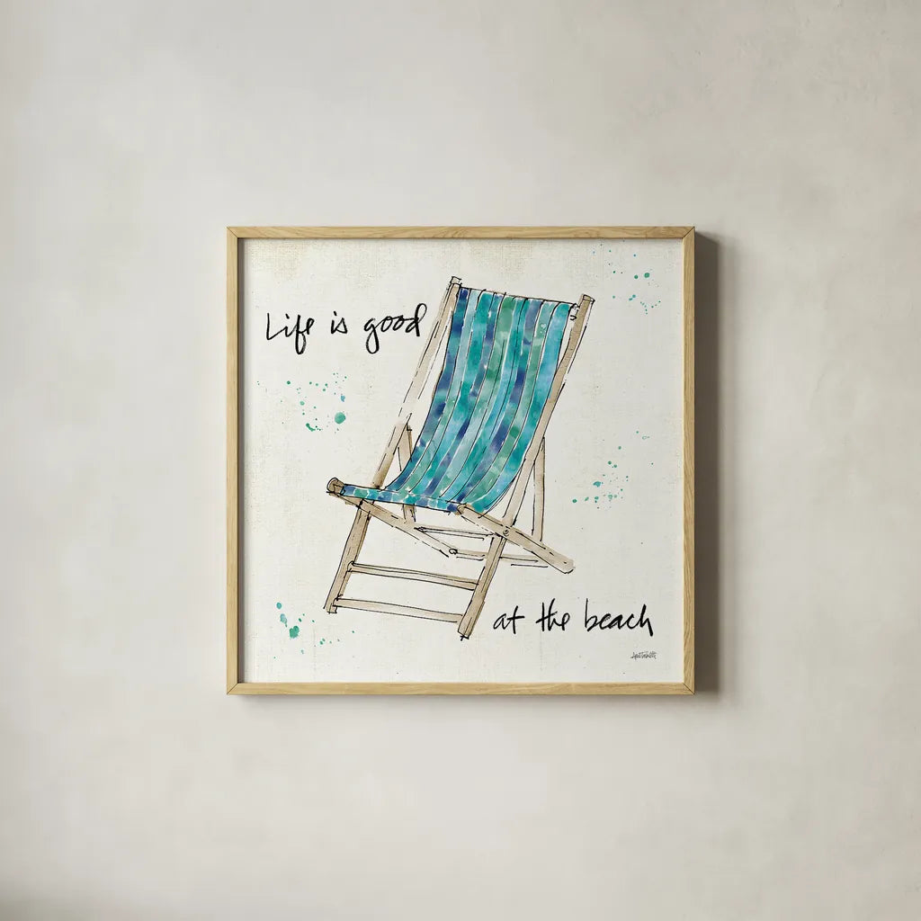Beach Divas VII Aqua by Anne Tavoletti. Shown in a natural wood glass frame for a timeless modern aesthetic. Available as an archival giclee rolled canvas, fine art paper, or poster print. SKU 18699a.