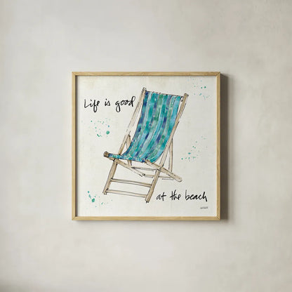 Beach Divas VII Aqua by Anne Tavoletti. Shown in a natural wood glass frame for a timeless modern aesthetic. Available as an archival giclee rolled canvas, fine art paper, or poster print. SKU 18699a.