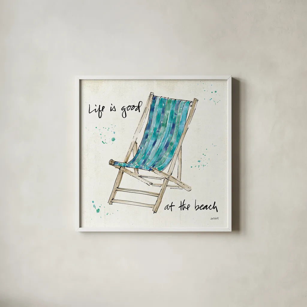 Beach Divas VII Aqua by Anne Tavoletti. Shown in a crisp white glass frame for a clean and minimalist style. Available as an archival giclee rolled canvas, fine art paper, or poster print. SKU 18699a.