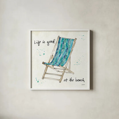 Beach Divas VII Aqua by Anne Tavoletti. Shown in a crisp white glass frame for a clean and minimalist style. Available as an archival giclee rolled canvas, fine art paper, or poster print. SKU 18699a.