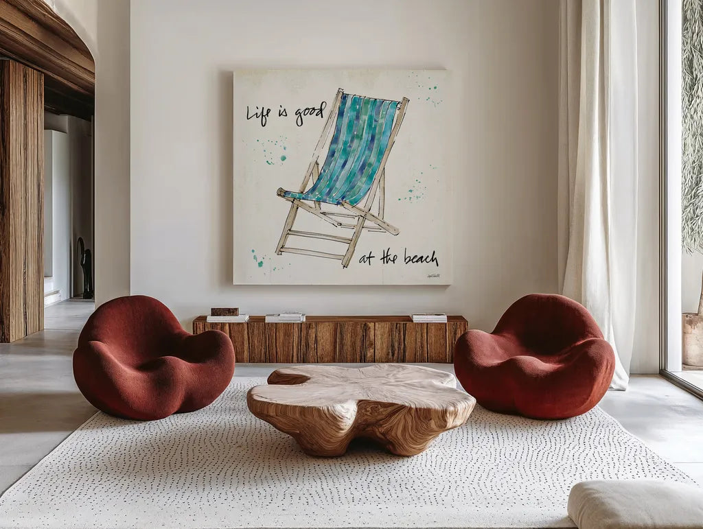 Beach Divas VII Aqua by Anne Tavoletti. Shown as extra-large giant wall art in a modern living room. Available as an archival giclee rolled canvas, fine art paper, or poster print. SKU 18699a.