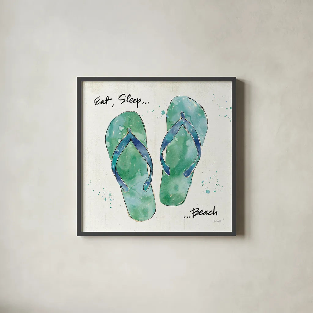 Beach Divas VIII by Anne Tavoletti. Shown in a sleek black glass frame for a contemporary gallery look. Available as an archival giclee rolled canvas, fine art paper, or poster print. SKU 16359a.