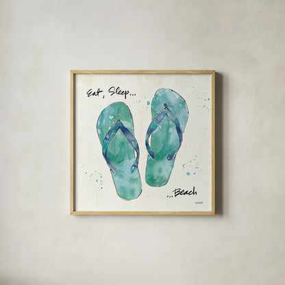 Beach Divas VIII Aqua by Anne Tavoletti. Shown in a natural wood glass frame for a timeless modern aesthetic. Available as an archival giclee rolled canvas, fine art paper, or poster print. SKU 18700a.