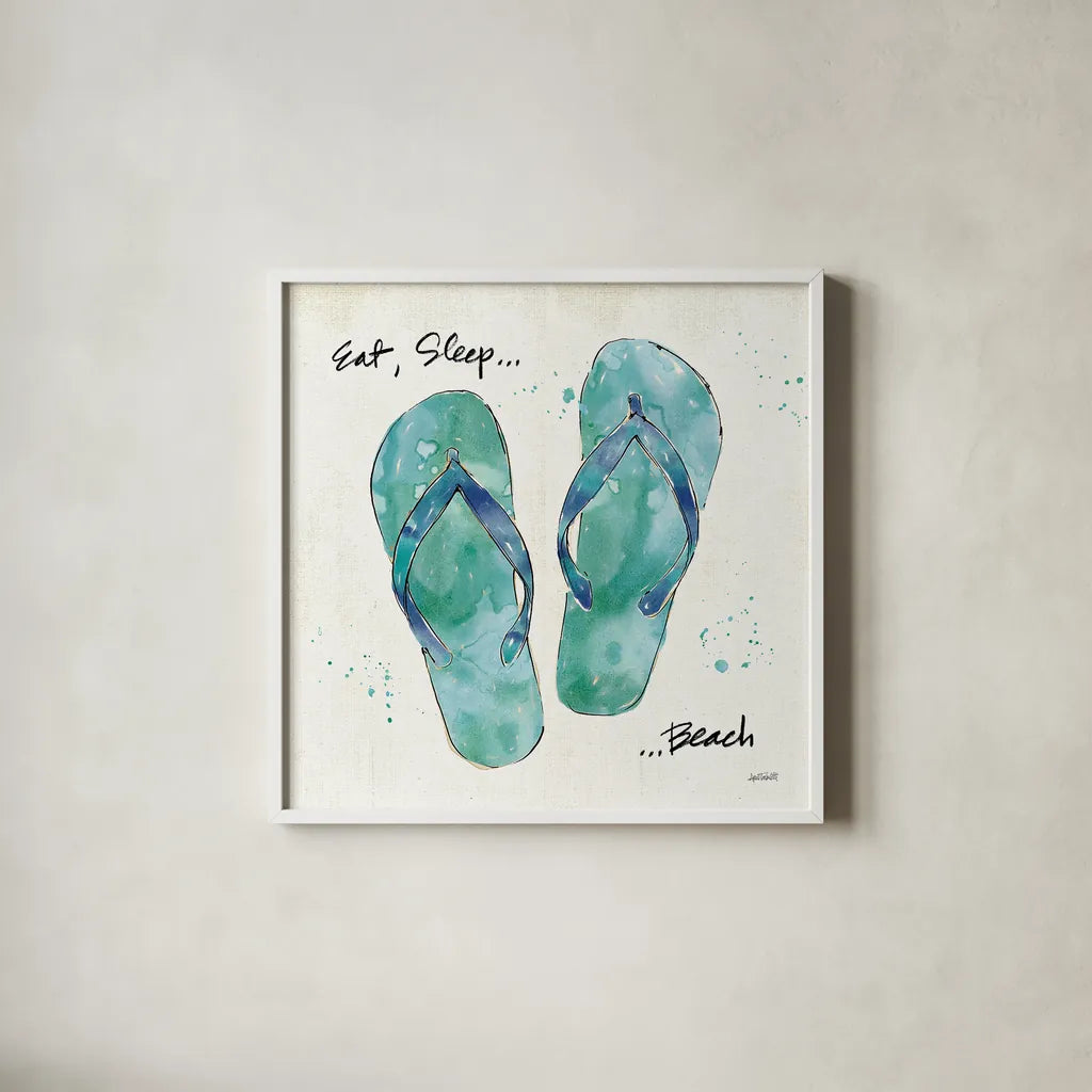 Beach Divas VIII Aqua by Anne Tavoletti. Shown in a crisp white glass frame for a clean and minimalist style. Available as an archival giclee rolled canvas, fine art paper, or poster print. SKU 18700a.