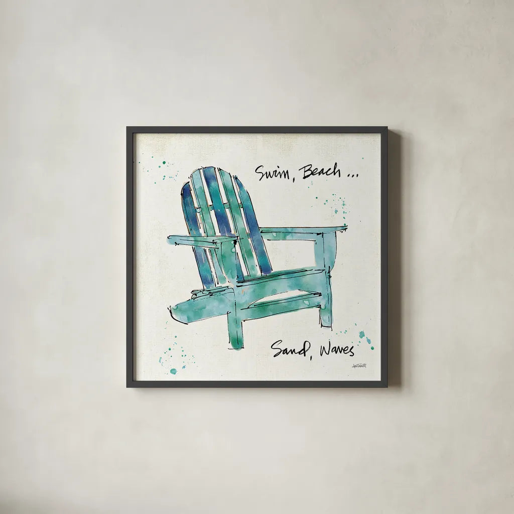 Beach Divas X Aqua by Anne Tavoletti. Shown in a sleek black glass frame for a contemporary gallery look. Available as an archival giclee rolled canvas, fine art paper, or poster print. SKU 18702a.