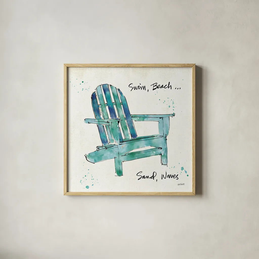 Beach Divas X Aqua by Anne Tavoletti. Shown in a natural wood glass frame for a timeless modern aesthetic. Available as an archival giclee rolled canvas, fine art paper, or poster print. SKU 18702a.