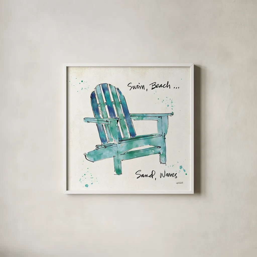 Beach Divas X Aqua by Anne Tavoletti. Shown in a crisp white glass frame for a clean and minimalist style. Available as an archival giclee rolled canvas, fine art paper, or poster print. SKU 18702a.