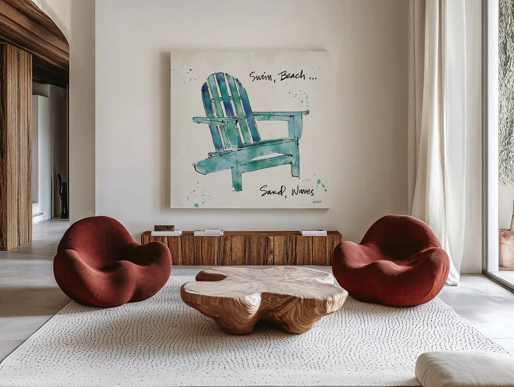 Beach Divas X Aqua by Anne Tavoletti. Shown as extra-large giant wall art in a modern living room. Available as an archival giclee rolled canvas, fine art paper, or poster print. SKU 18702a.