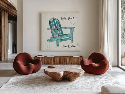 Beach Divas X Aqua by Anne Tavoletti. Shown as extra-large giant wall art in a modern living room. Available as an archival giclee rolled canvas, fine art paper, or poster print. SKU 18702a.