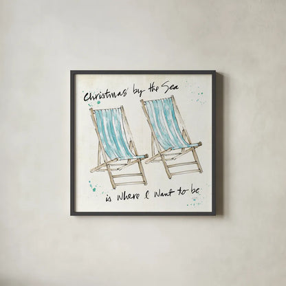 Beach Divas XI Christmas by Anne Tavoletti. Shown in a sleek black glass frame for a contemporary gallery look. Available as an archival giclee rolled canvas, fine art paper, or poster print. SKU 37717a.