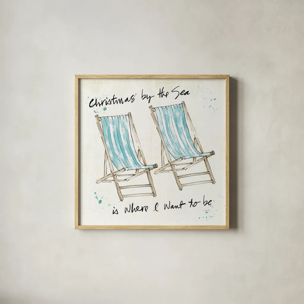 Beach Divas XI Christmas by Anne Tavoletti. Shown in a natural wood glass frame for a timeless modern aesthetic. Available as an archival giclee rolled canvas, fine art paper, or poster print. SKU 37717a.