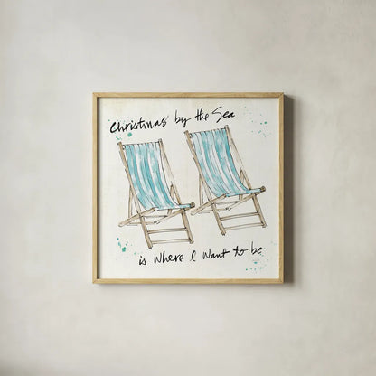 Beach Divas XI Christmas by Anne Tavoletti. Shown in a natural wood glass frame for a timeless modern aesthetic. Available as an archival giclee rolled canvas, fine art paper, or poster print. SKU 37717a.