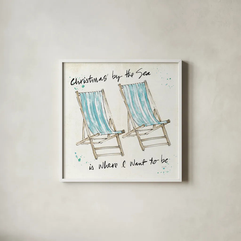 Beach Divas XI Christmas by Anne Tavoletti. Shown in a crisp white glass frame for a clean and minimalist style. Available as an archival giclee rolled canvas, fine art paper, or poster print. SKU 37717a.