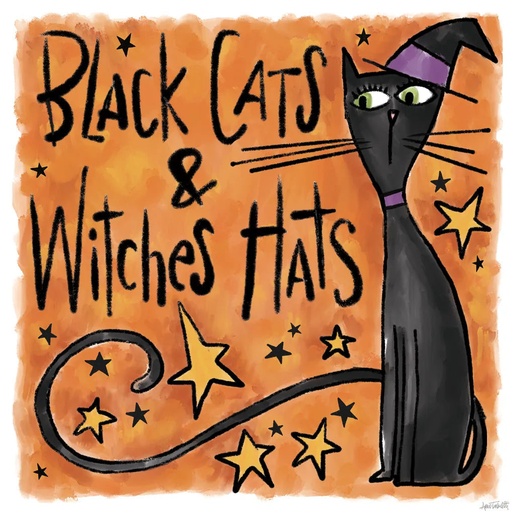 Black Cats and Witches Hats I by Anne Tavoletti. SKU 73732a. Archival Giclee Fine art print for wall decor.