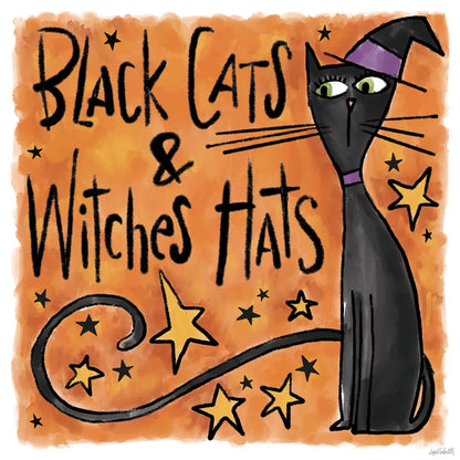 Black Cats and Witches Hats I by Anne Tavoletti. SKU 73732a. Archival Giclee Fine art print for wall decor.