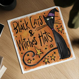 Black Cats and Witches Hats I by Anne Tavoletti. Shown as a detailed flat fine art print, highlighting archival giclee quality. Available as an archival giclee rolled canvas, fine art paper, or poster print. SKU 73732a.