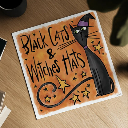 Black Cats and Witches Hats I by Anne Tavoletti. Shown as a detailed flat fine art print, highlighting archival giclee quality. Available as an archival giclee rolled canvas, fine art paper, or poster print. SKU 73732a.