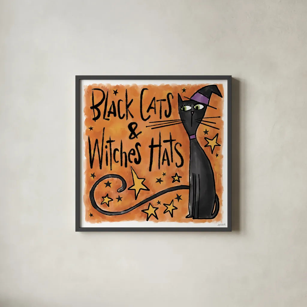Black Cats and Witches Hats I by Anne Tavoletti. Shown in a sleek black glass frame for a contemporary gallery look. Available as an archival giclee rolled canvas, fine art paper, or poster print. SKU 73732a.